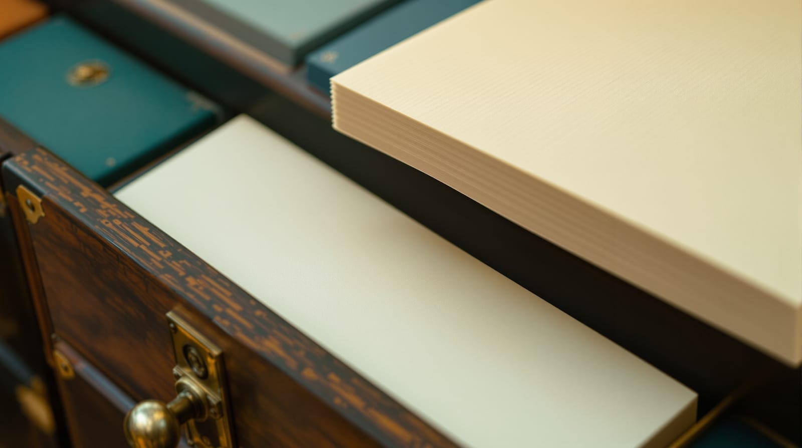Blank index cards raised above a wooden card-catalogue drawer with brass fittings