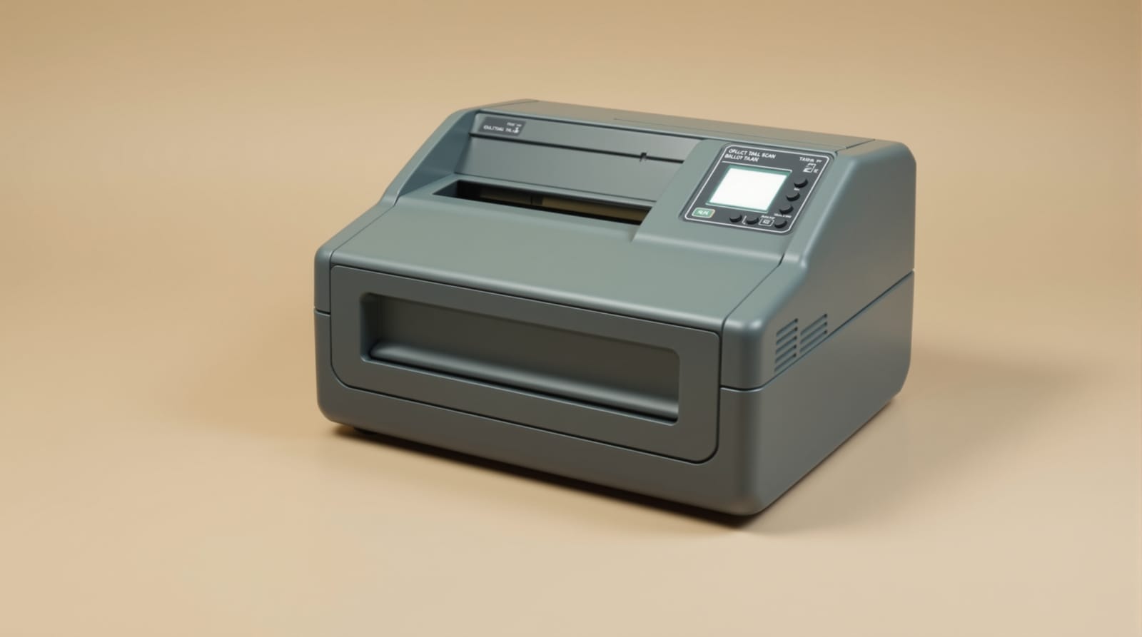 An early optical scan ballot tabulator displayed as a museum object on a plain backdrop