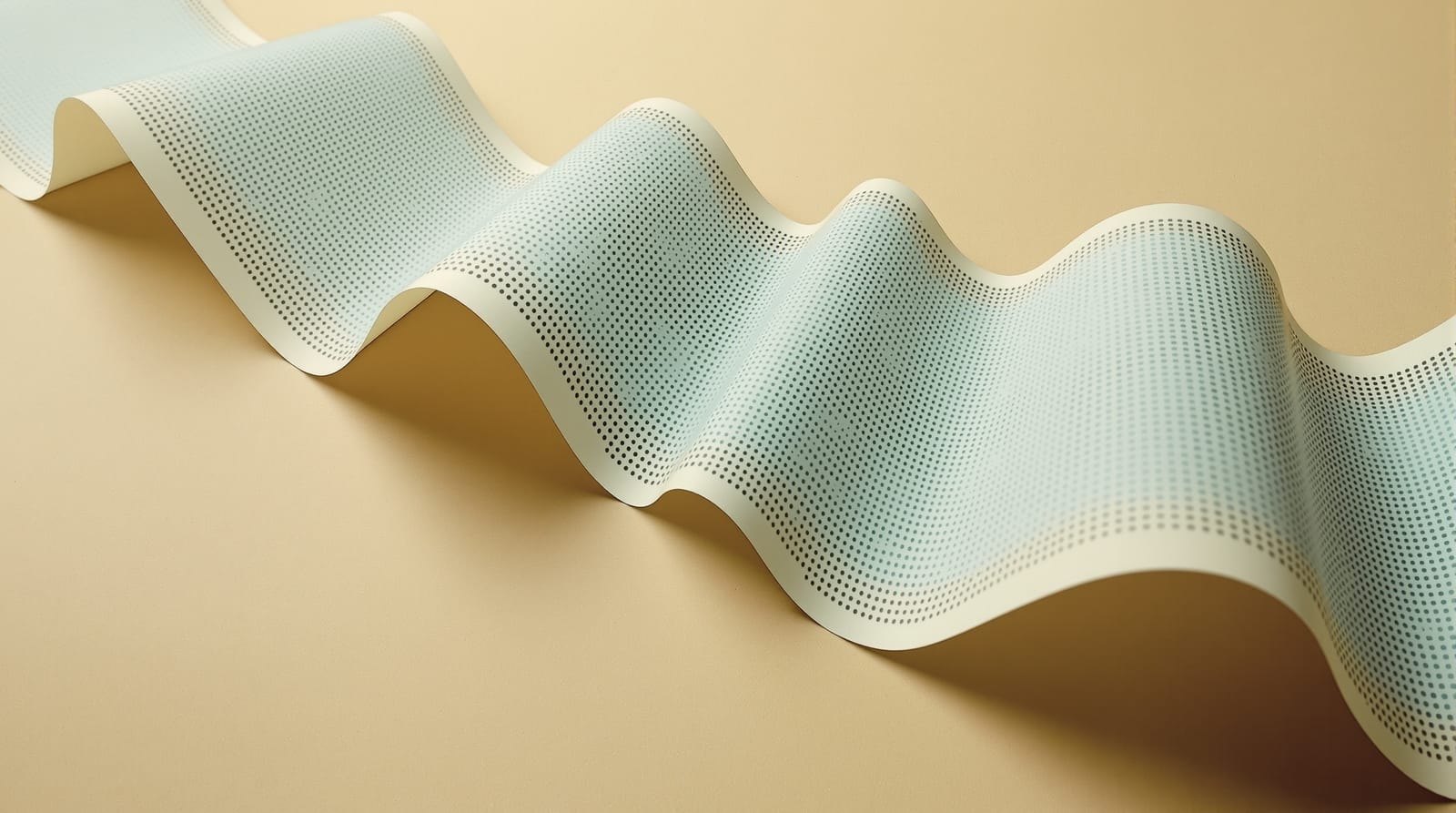 Concertina-folded continuous-feed computer paper with sprocket holes spilling across a surface