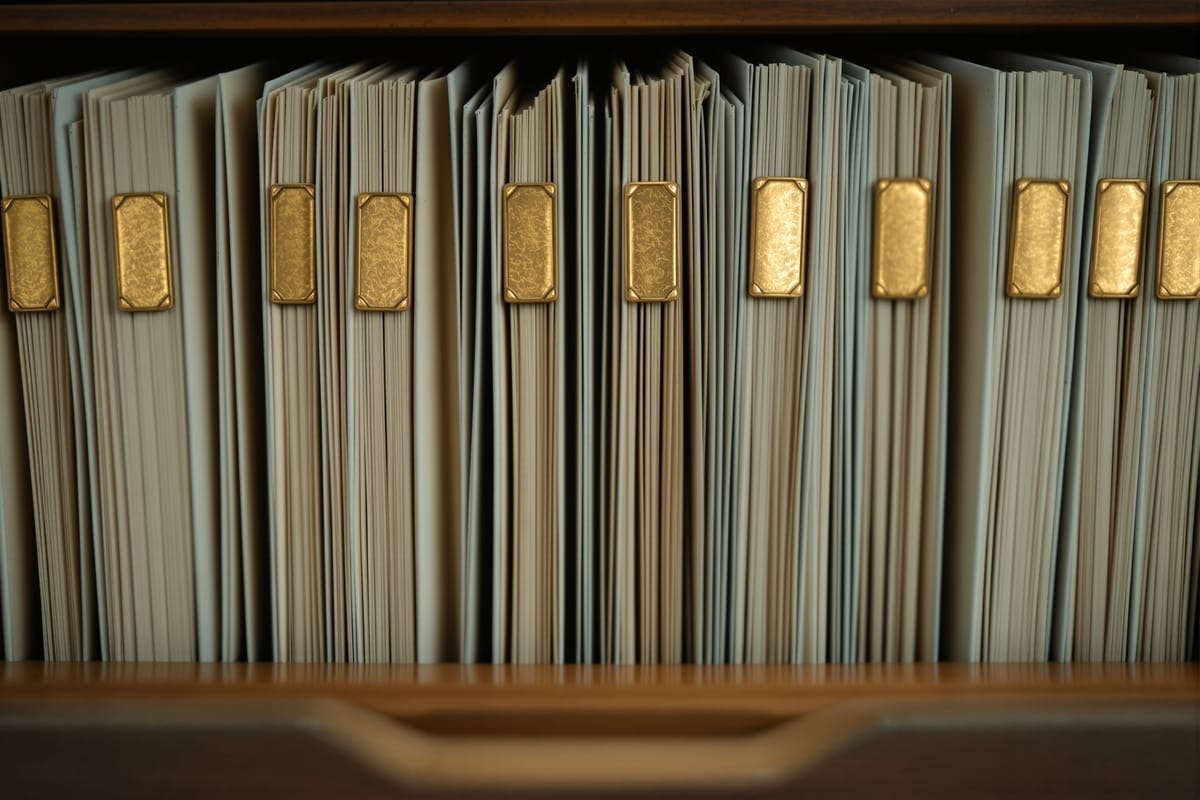 Plain manila folders with blank index tabs standing in an open records drawer
