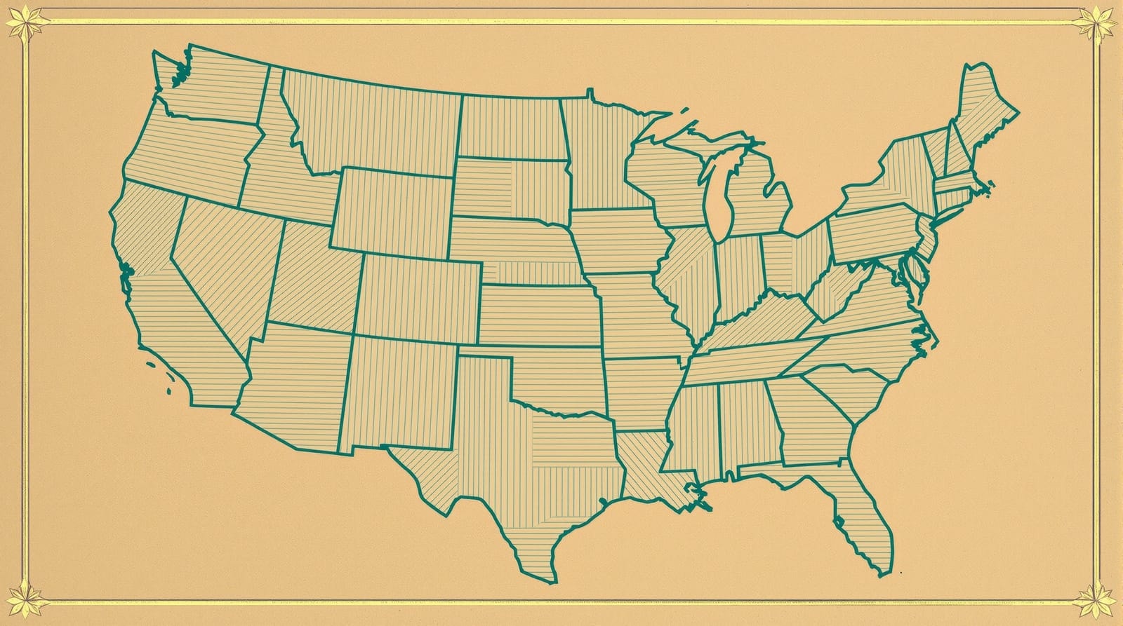 Abstract hairline outline map of the United States drawn on oatmeal-toned archival paper