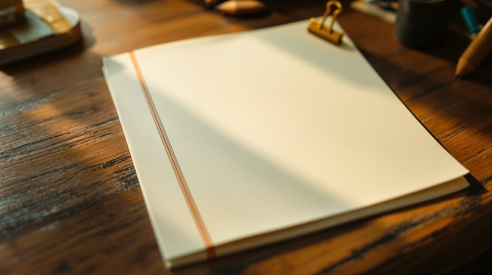 A blank sheet of cream onion-skin paper with a margin rule and a brass clip on a wooden desk