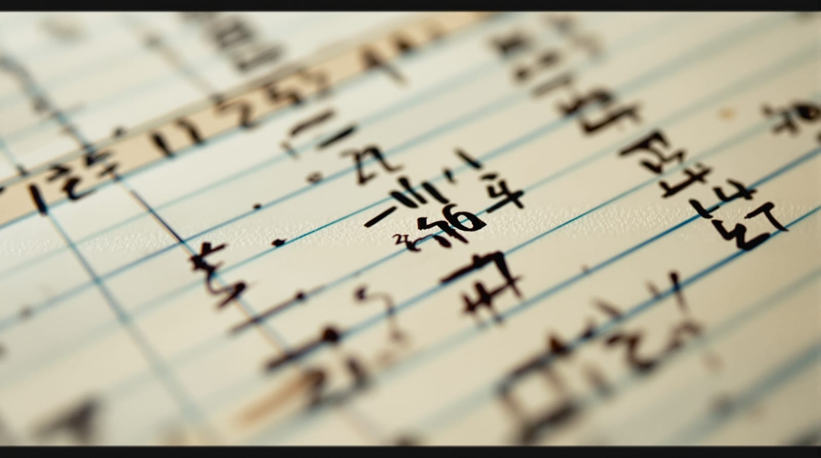 Close-up of hand-drawn five-bar gate tally marks in ink on ruled archival paper