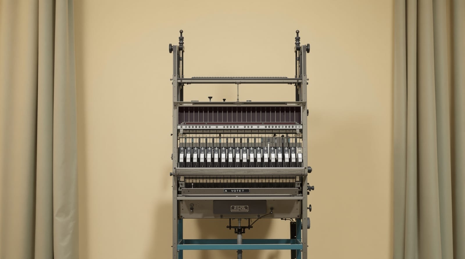 A vintage mechanical lever voting machine displayed as a museum object against a plain backdrop