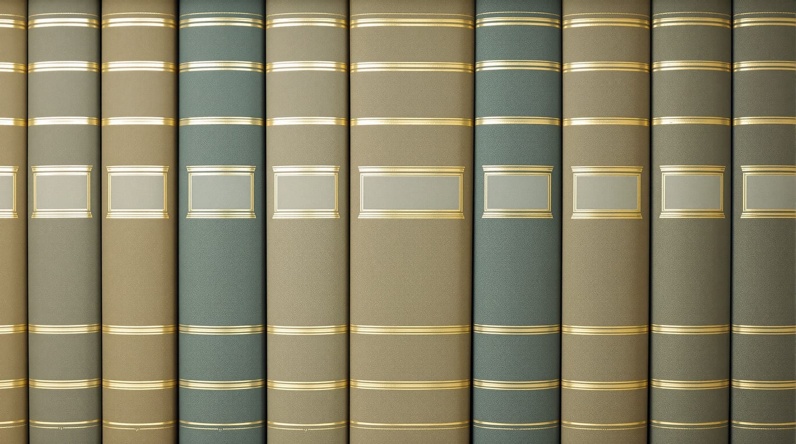 A shelf of uniformly bound report volumes with gold spine rules and blank label panels