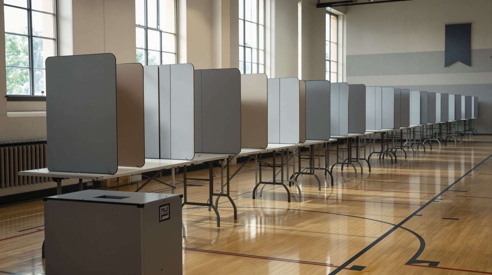 An empty polling place at dawn with folding tables, cardboard booths and a metal ballot box