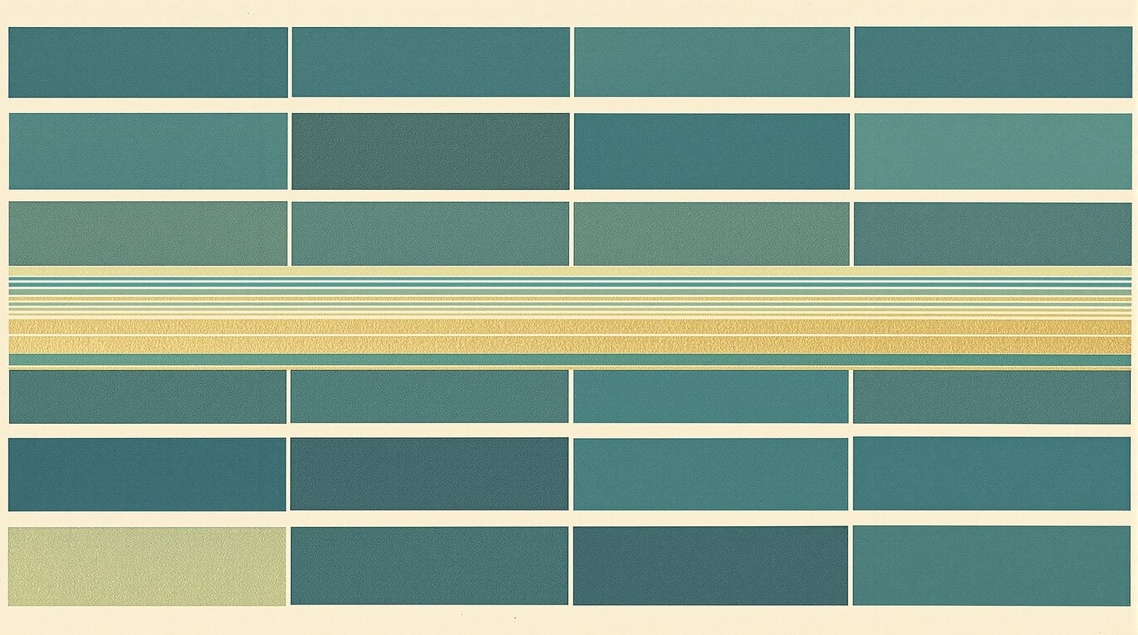 Abstract letterpress grid of sixteen ruled rectangles printed in gold and teal on oatmeal paper